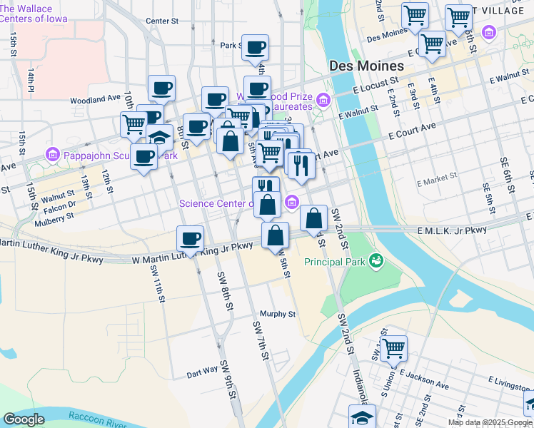 map of restaurants, bars, coffee shops, grocery stores, and more near 110 Southwest 5th Street in Des Moines