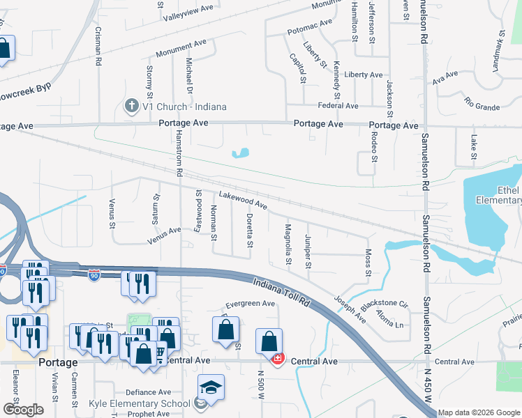 map of restaurants, bars, coffee shops, grocery stores, and more near 6515 Lakewood Avenue in Portage