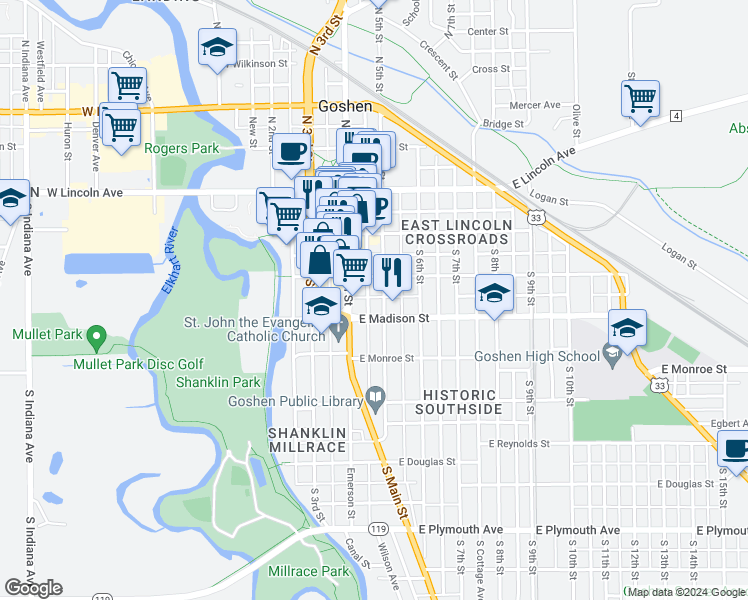 map of restaurants, bars, coffee shops, grocery stores, and more near 313 South 5th Street in Goshen