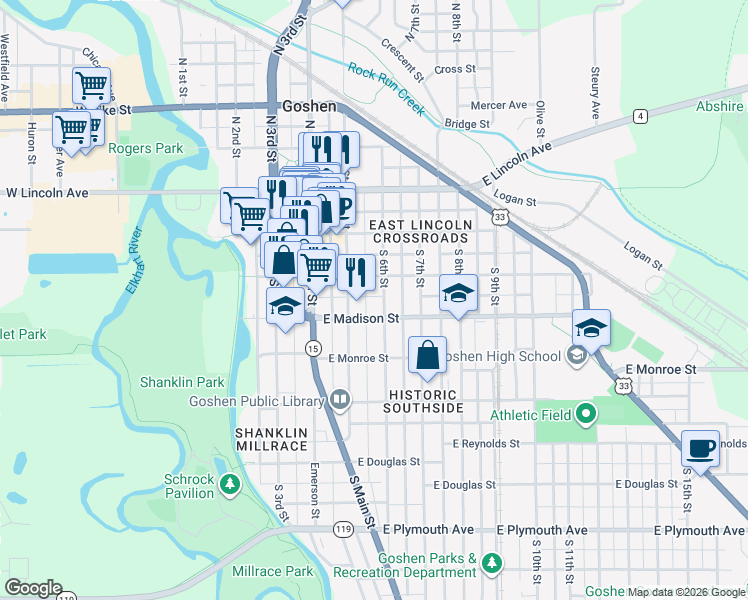 map of restaurants, bars, coffee shops, grocery stores, and more near 313 South 6th Street in Goshen