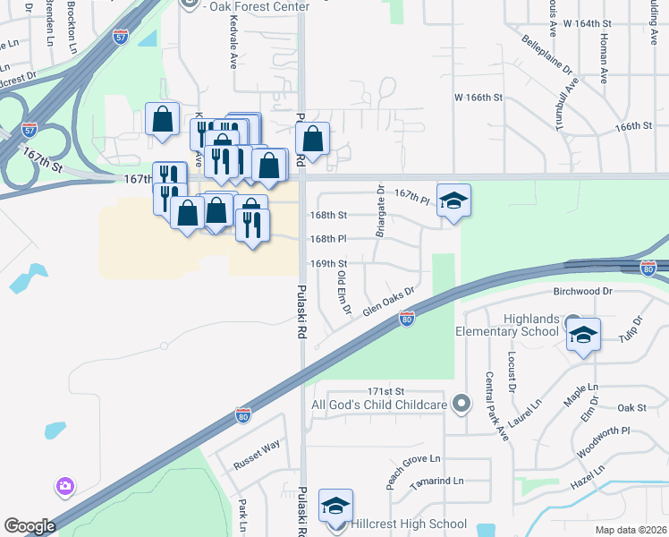 map of restaurants, bars, coffee shops, grocery stores, and more near 3927 169th Street in Country Club Hills