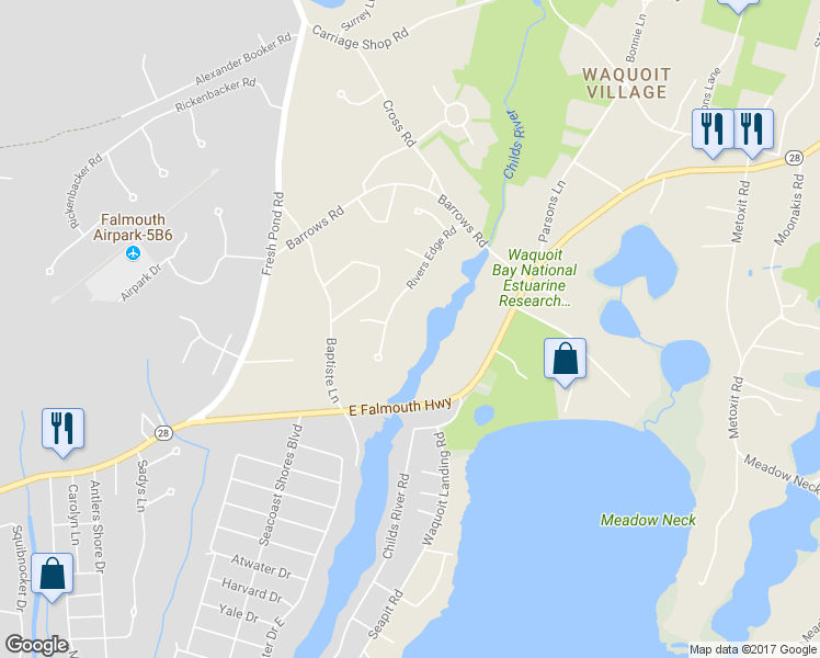 map of restaurants, bars, coffee shops, grocery stores, and more near 62 Rivers Edge Road in Falmouth