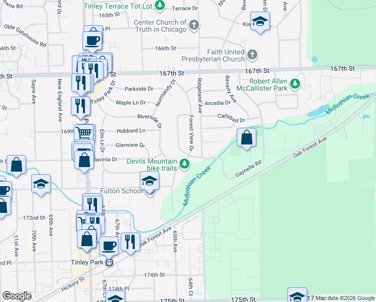 map of restaurants, bars, coffee shops, grocery stores, and more near 16949 Forest View Drive in Tinley Park