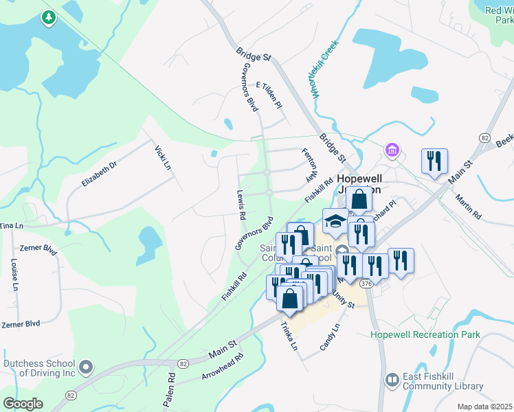 map of restaurants, bars, coffee shops, grocery stores, and more near 53 Pitcher Road in East Fishkill