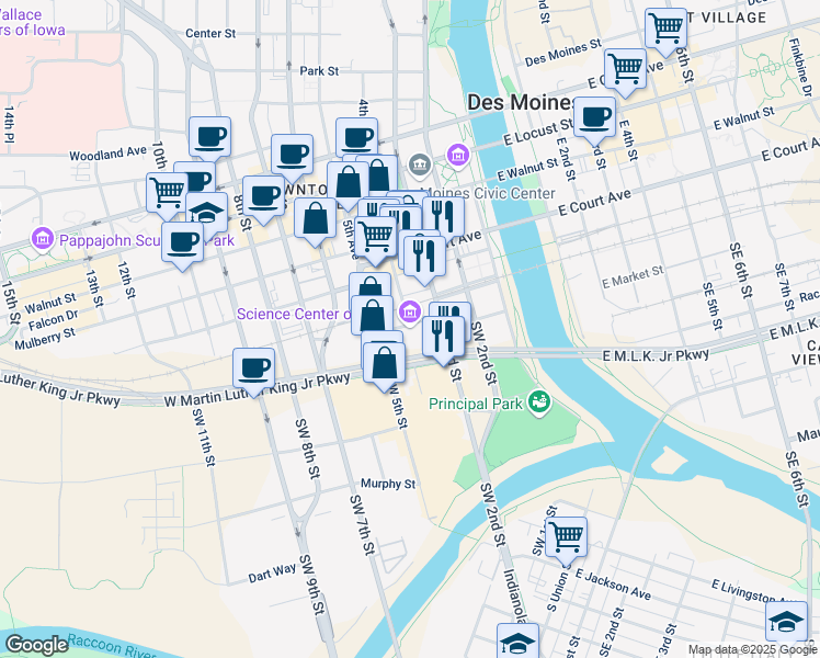 map of restaurants, bars, coffee shops, grocery stores, and more near 401 Market Street in Des Moines