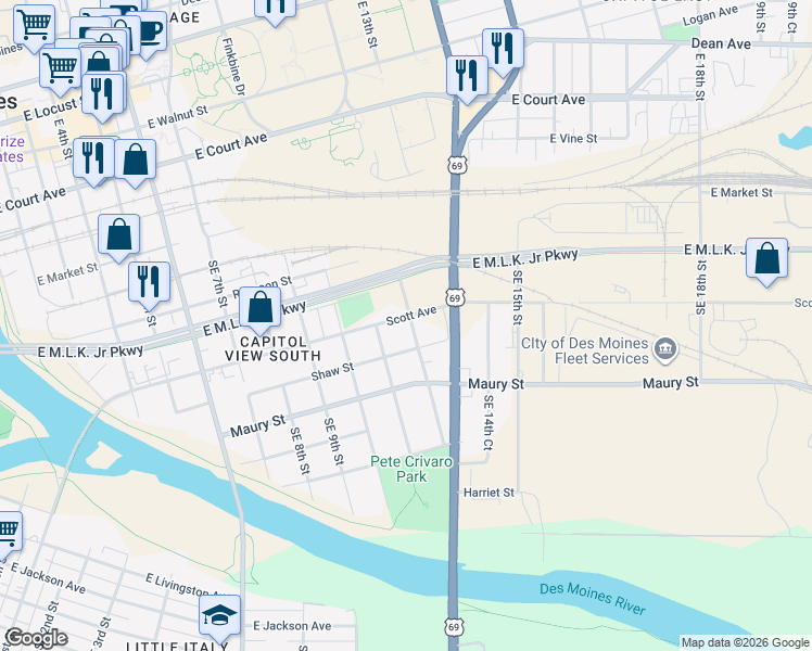 map of restaurants, bars, coffee shops, grocery stores, and more near 1123 Scott Avenue in Des Moines