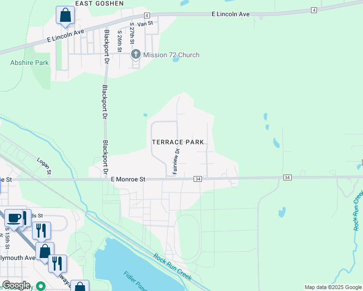 map of restaurants, bars, coffee shops, grocery stores, and more near 62828 Fairview Dr in Goshen