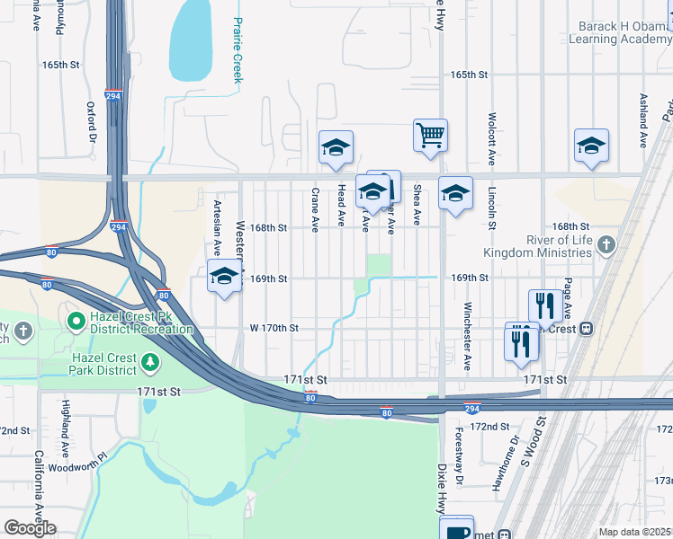 map of restaurants, bars, coffee shops, grocery stores, and more near 16876 Head Avenue in Hazel Crest