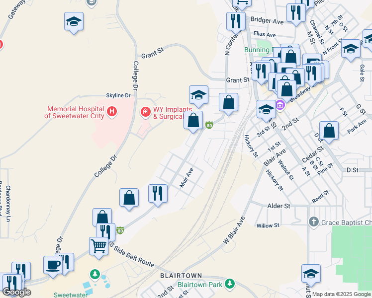 map of restaurants, bars, coffee shops, grocery stores, and more near 702 Interstate 80 Business Loop in Rock Springs