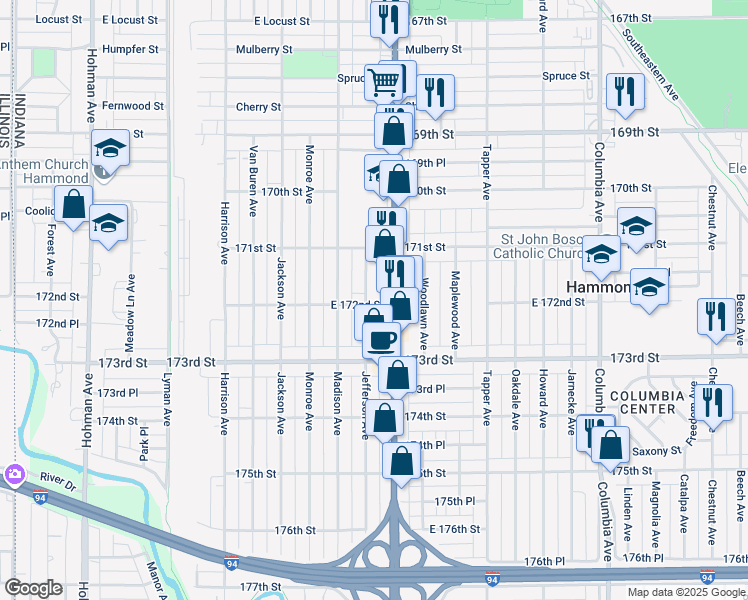 map of restaurants, bars, coffee shops, grocery stores, and more near 7149 Jefferson Avenue in Hammond
