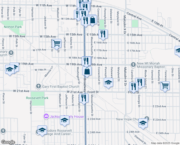 map of restaurants, bars, coffee shops, grocery stores, and more near 1956 Massachusetts Street in Gary