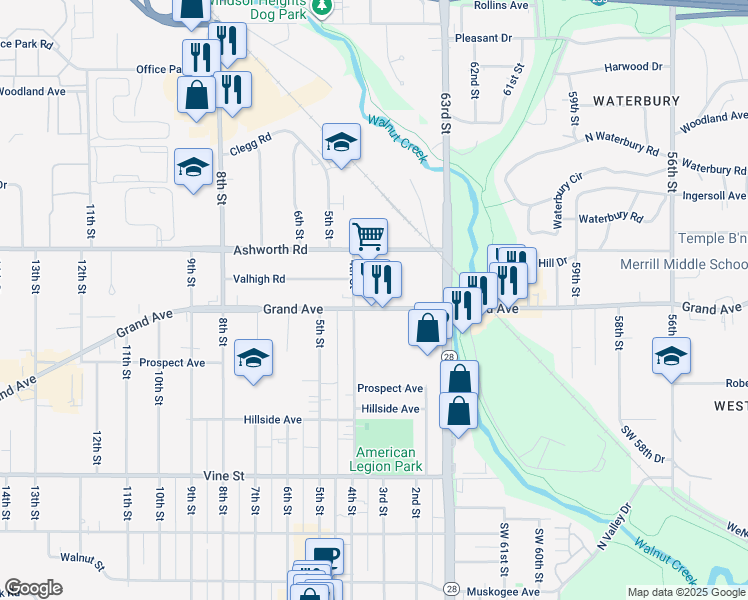 map of restaurants, bars, coffee shops, grocery stores, and more near 305 Grand Ave in West Des Moines