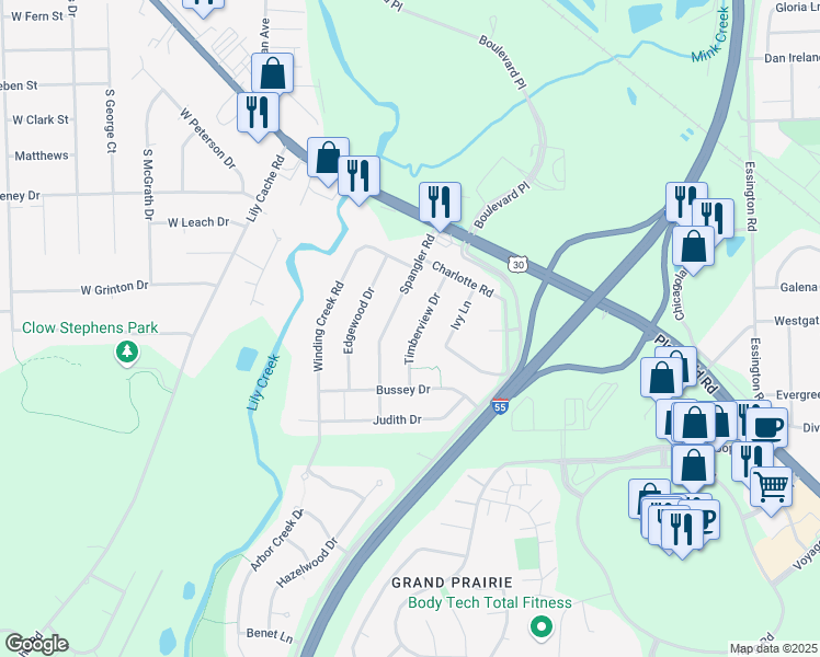 map of restaurants, bars, coffee shops, grocery stores, and more near 16520 Timberview Drive in Plainfield