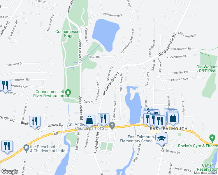 map of restaurants, bars, coffee shops, grocery stores, and more near 83 Old Barnstable Road in Falmouth