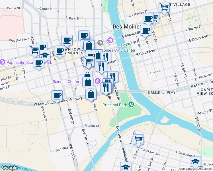 map of restaurants, bars, coffee shops, grocery stores, and more near 198 Southwest 3rd Street in Des Moines