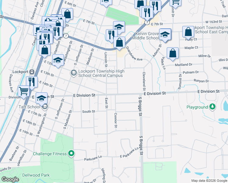 map of restaurants, bars, coffee shops, grocery stores, and more near 1233 Garfield Avenue in Lockport