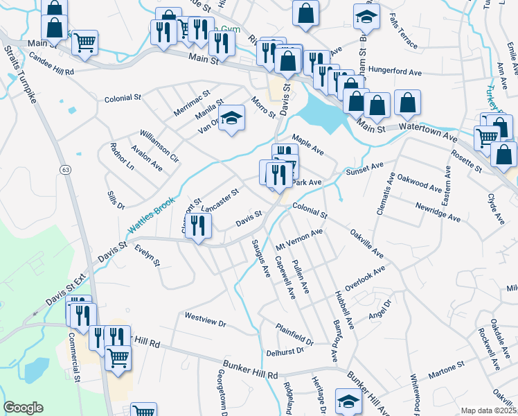 map of restaurants, bars, coffee shops, grocery stores, and more near 254 Davis Street in Watertown