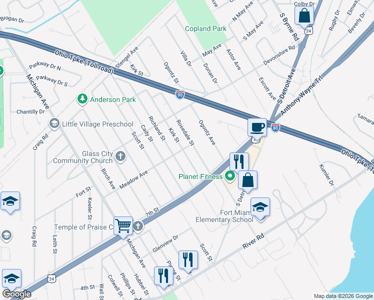 map of restaurants, bars, coffee shops, grocery stores, and more near 1054 Kirk Street in Maumee