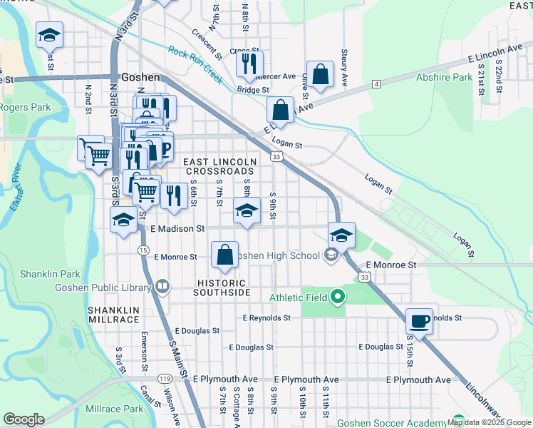 map of restaurants, bars, coffee shops, grocery stores, and more near 313 S 9th St in Goshen