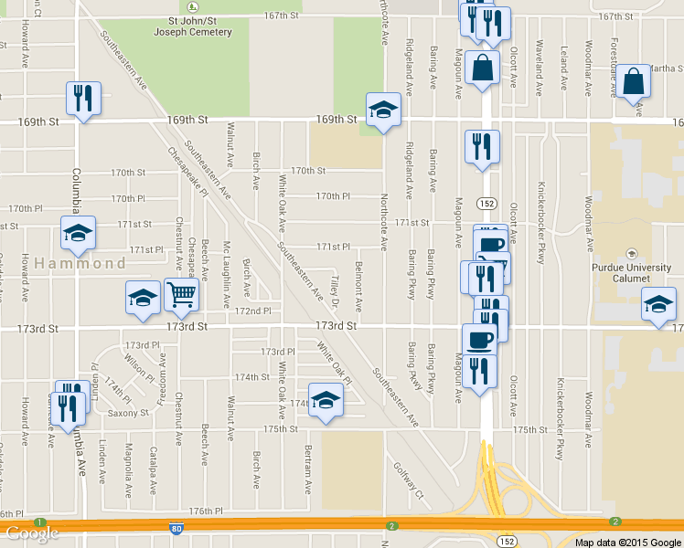 map of restaurants, bars, coffee shops, grocery stores, and more near 7201 Tilley Drive in Hammond