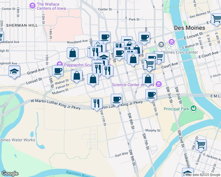 map of restaurants, bars, coffee shops, grocery stores, and more near 22 Southwest 9th Street in Des Moines