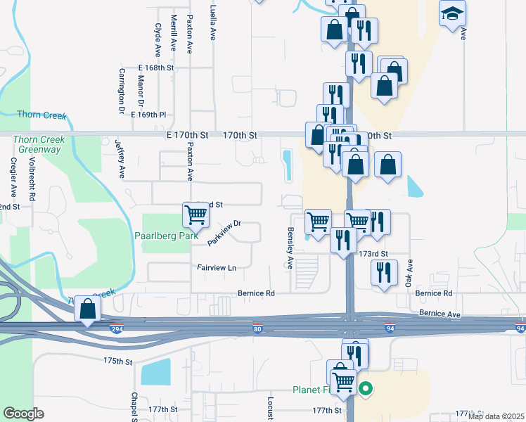 map of restaurants, bars, coffee shops, grocery stores, and more near 2153 East 172nd Street in South Holland