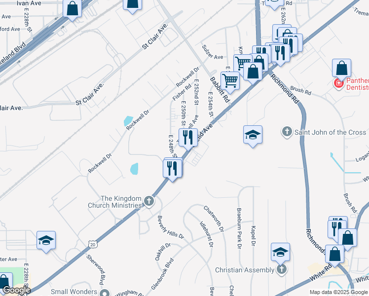 map of restaurants, bars, coffee shops, grocery stores, and more near 25100 U.S. 20 in Euclid