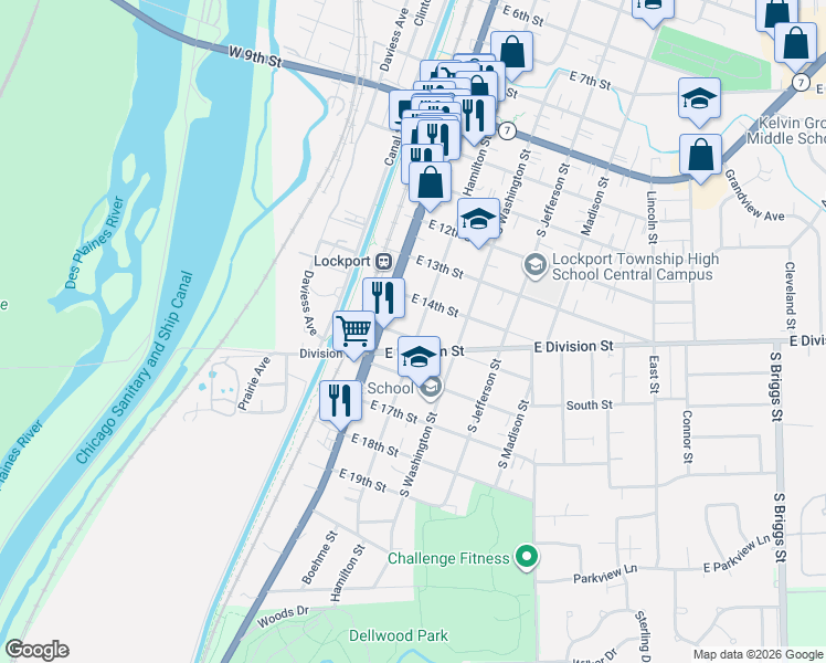 map of restaurants, bars, coffee shops, grocery stores, and more near 130 East 15th Street in Lockport