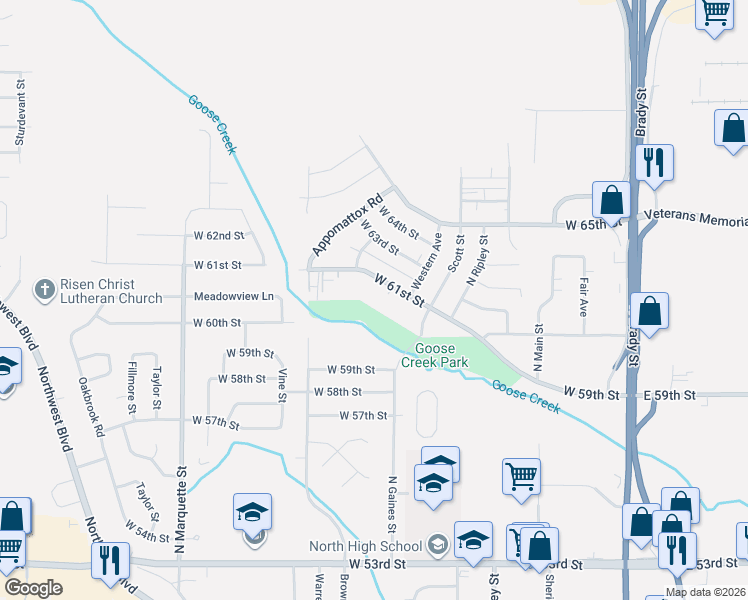 map of restaurants, bars, coffee shops, grocery stores, and more near 615 West 61st Street in Davenport