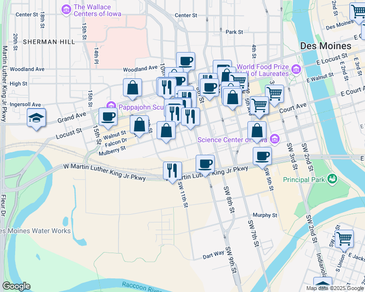 map of restaurants, bars, coffee shops, grocery stores, and more near 22 9th Street in Des Moines