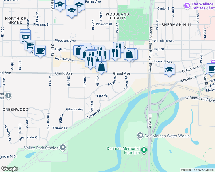 map of restaurants, bars, coffee shops, grocery stores, and more near 2510 Forest Drive in Des Moines