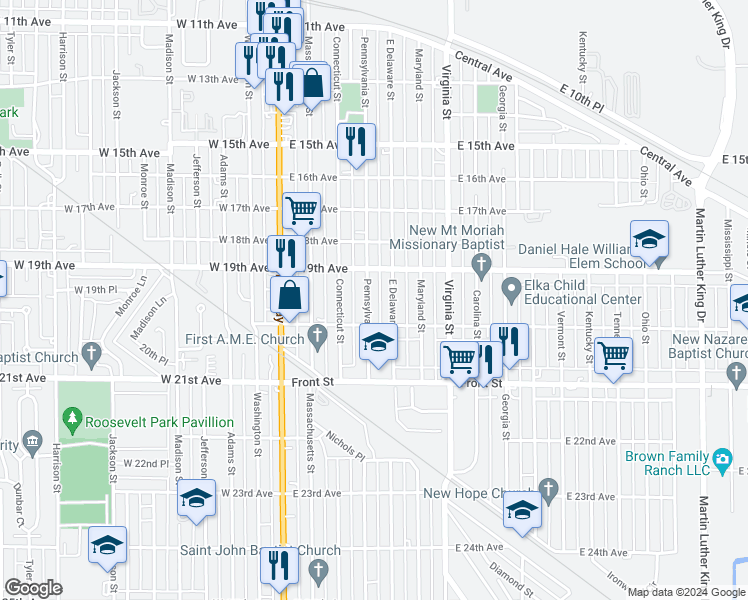 map of restaurants, bars, coffee shops, grocery stores, and more near 1953 Pennsylvania Street in Gary
