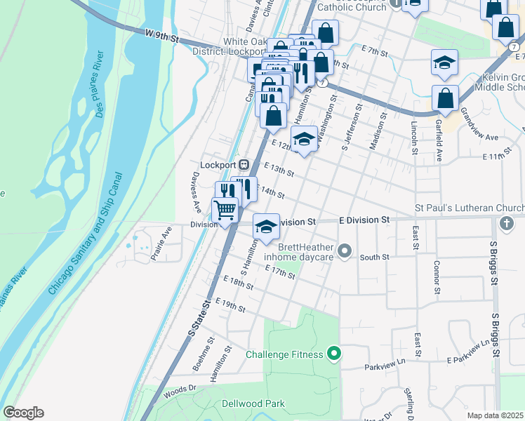 map of restaurants, bars, coffee shops, grocery stores, and more near 130 East 15th Street in Lockport