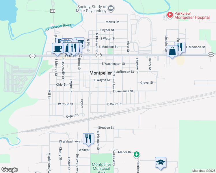 map of restaurants, bars, coffee shops, grocery stores, and more near 420 S Harrison St in Montpelier