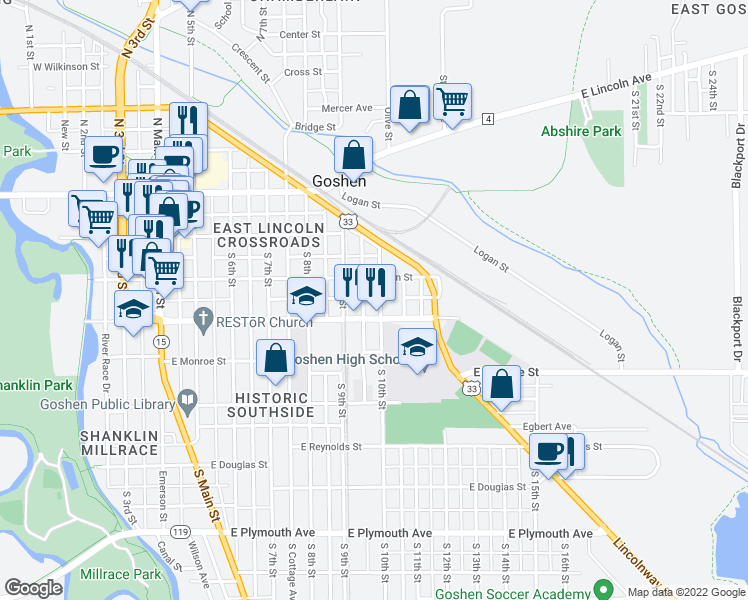 map of restaurants, bars, coffee shops, grocery stores, and more near 313 South 10th Street in Goshen