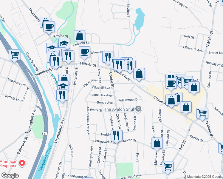 map of restaurants, bars, coffee shops, grocery stores, and more near 921 Cooke Street in Waterbury
