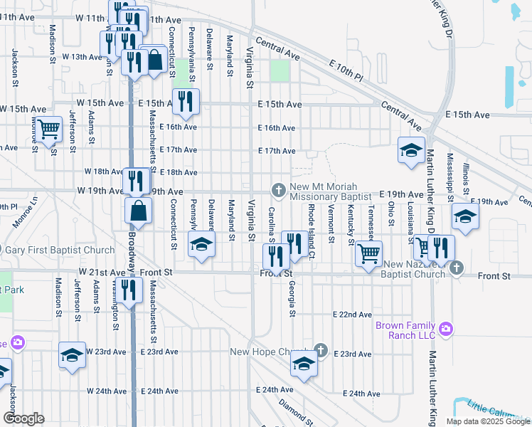 map of restaurants, bars, coffee shops, grocery stores, and more near 1950 Carolina Street in Gary
