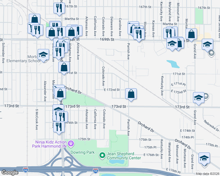 map of restaurants, bars, coffee shops, grocery stores, and more near 7146 Delaware Avenue in Hammond