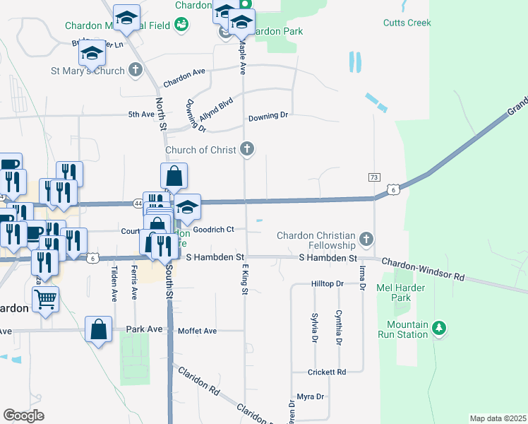 map of restaurants, bars, coffee shops, grocery stores, and more near 310 North Hambden Street in Chardon