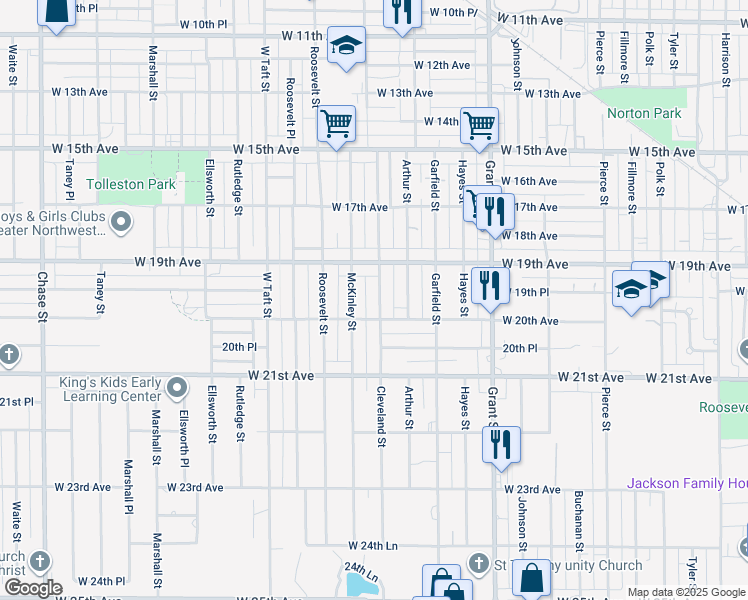 map of restaurants, bars, coffee shops, grocery stores, and more near 1962 Cleveland Street in Gary