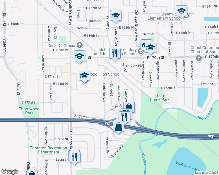 map of restaurants, bars, coffee shops, grocery stores, and more near 17154 School Street in South Holland