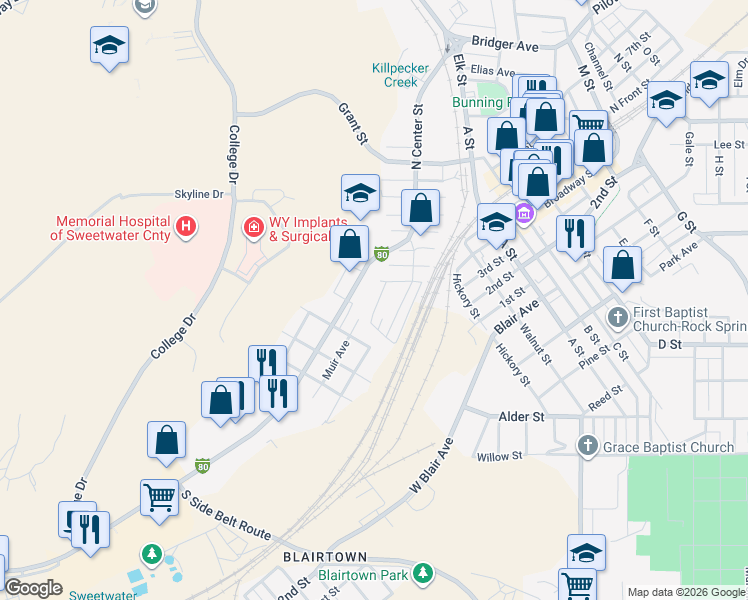 map of restaurants, bars, coffee shops, grocery stores, and more near 822 West Street in Rock Springs