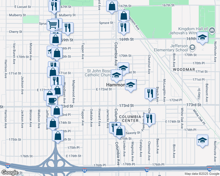 map of restaurants, bars, coffee shops, grocery stores, and more near 7149 Jarnecke Avenue in Hammond