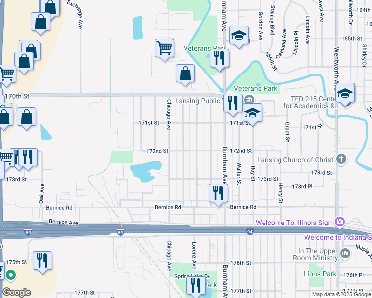 map of restaurants, bars, coffee shops, grocery stores, and more near 17159 Park Avenue in Lansing