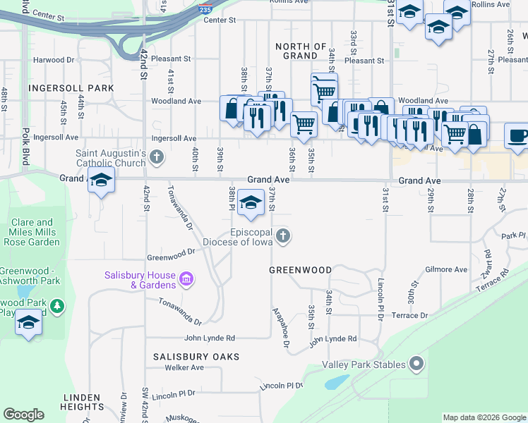 map of restaurants, bars, coffee shops, grocery stores, and more near 400 37th Street in Des Moines