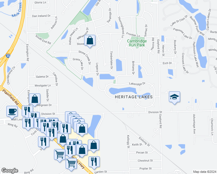 map of restaurants, bars, coffee shops, grocery stores, and more near 3312 Lakeridge Drive in Lockport
