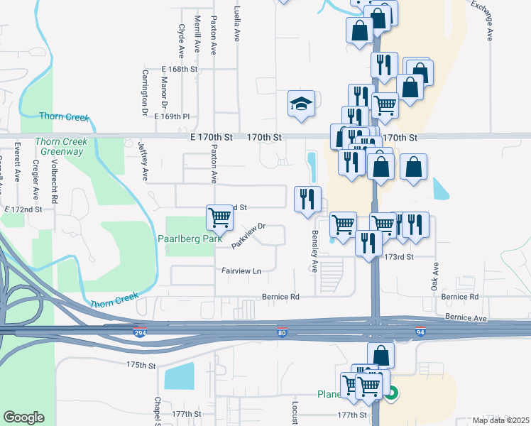 map of restaurants, bars, coffee shops, grocery stores, and more near 2117 East 172nd Street in South Holland