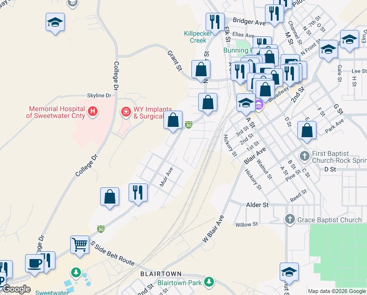 map of restaurants, bars, coffee shops, grocery stores, and more near 822 West Street in Rock Springs