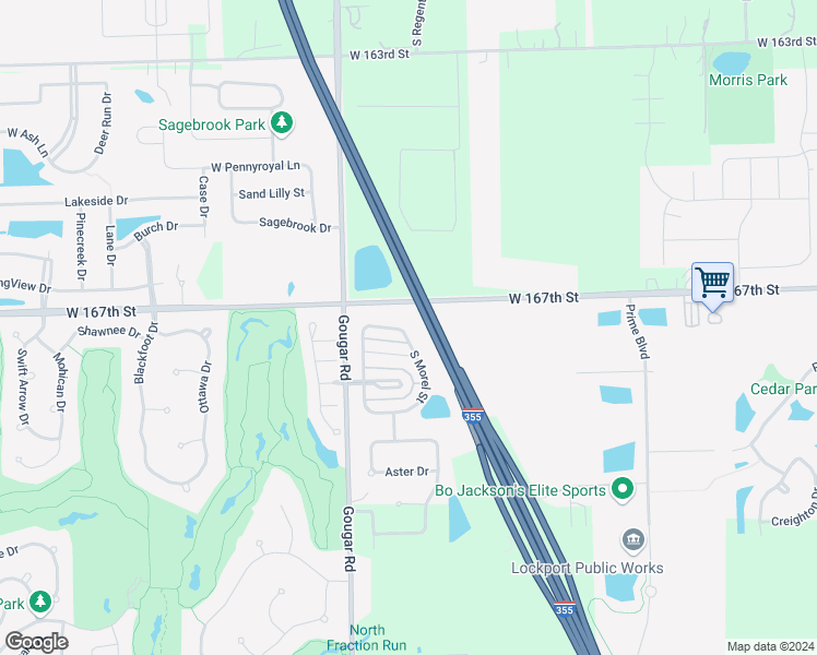 map of restaurants, bars, coffee shops, grocery stores, and more near 16727 South Morel Street in Lockport