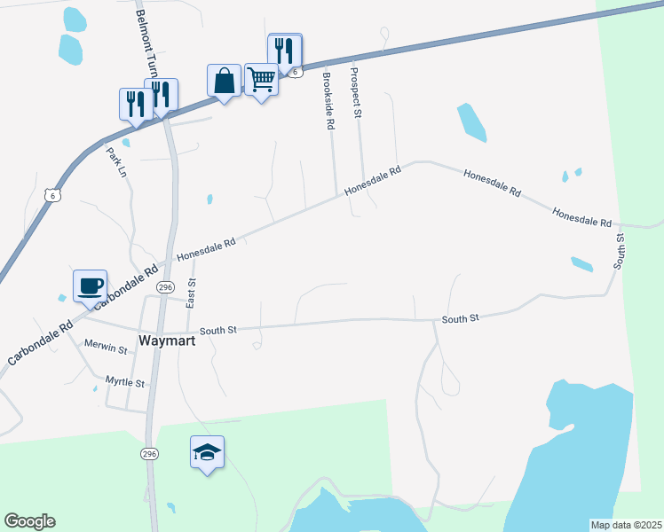 map of restaurants, bars, coffee shops, grocery stores, and more near 37 Woodlands Drive in Waymart